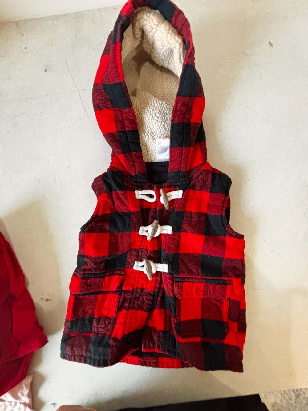 Carter's Red and Black Buffalo Plaid Sherpa Lined Hooded Toggle Vest 24M